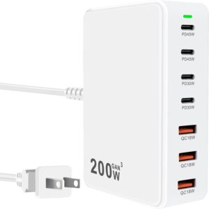 USB C Charger Block 200W 7 Port Fast Charging Station, PD 45W Laptop Charger Brick Adapter Compatible with MacBook Pro/Air,DELL,Steam Deck,iPhone 16/15/14,Galaxy S23/22 (White)