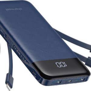 charmast Portable Charger with Built in Cables, Power Bank with Cords Wires, Slim 10000mAh Travel Battery Pack 6 Outputs 3 Inputs 3A Fast Charging for Samsung Google Pixel LG Moto iPhone iPad