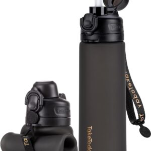 TakeToday Collapsible Water Bottles 20oz, Leak Proof, BPA-Free, Foldable Silicone Travel Water Bottle with Straw Strap for Cycling, Hiking, Outdoors