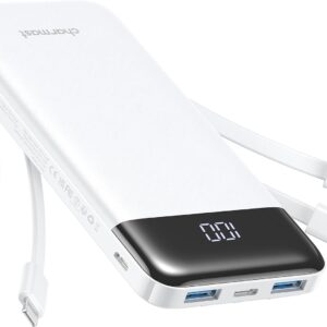 Charmast Portable Charger with Built in Cables, Power Bank with Cords Wires, Slim 10000mAh Travel Battery Pack 6 Outputs 3 Inputs 3A Fast Charging for Samsung Google Pixel LG Moto iPhone iPad