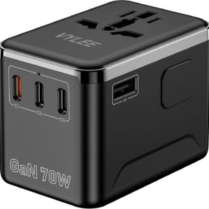 Universal Travel Adapter, VYLEE 70W International Plug Adapter with PD Fast Charging, 5-Port (1 AC/1 USB-A/3 USB-C), Wall Charger Worldwide Travel Essentials Plug for USA EU UK AUS Japan (Black)