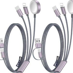 2Pack Multi Charging Cable Cord for Travel Essentials,Apple Watch Charger,iPhone Charger,[3-in-2] Type C/Lightning Cable Portable Designed for iWatch,iPhone 17-8,Galaxy S25-21,PlayStation 4,iPad-4FT
