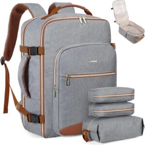 LOVEVOOK Travel Backpack for Women & Men 40L,Airline Approved Carry On Backpack Travel Essentials,TSA Carry on Luggage,Waterproof Personal Item Travel Bag,Suitcase with 3 Packing Cubes,Grey-Brown